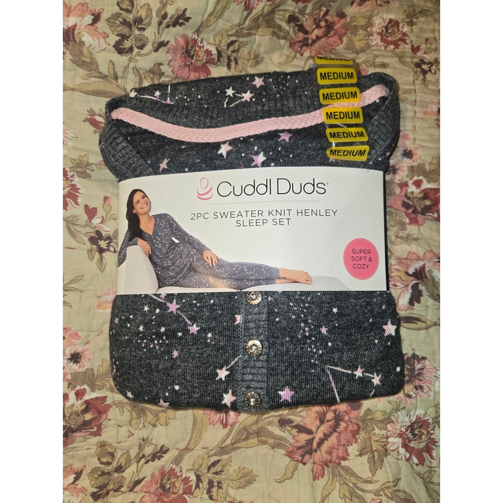 Cuddl Duds Womens Medium 2PC Sweater Knit Henley Sleep Set Grey Celestial Stars